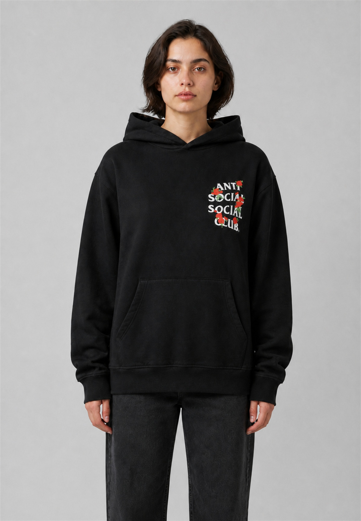 Anti Social Social Club Embroidered Rose Kkotch Hoodie Black - on-model front view