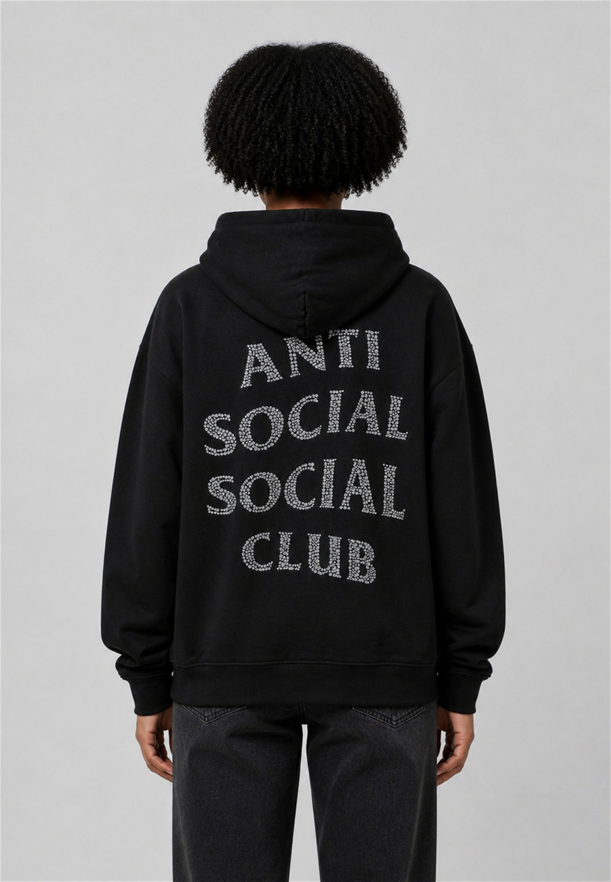 Anti Social Social Club Rhinestone Zip Up Hoodie Black - on-model back view