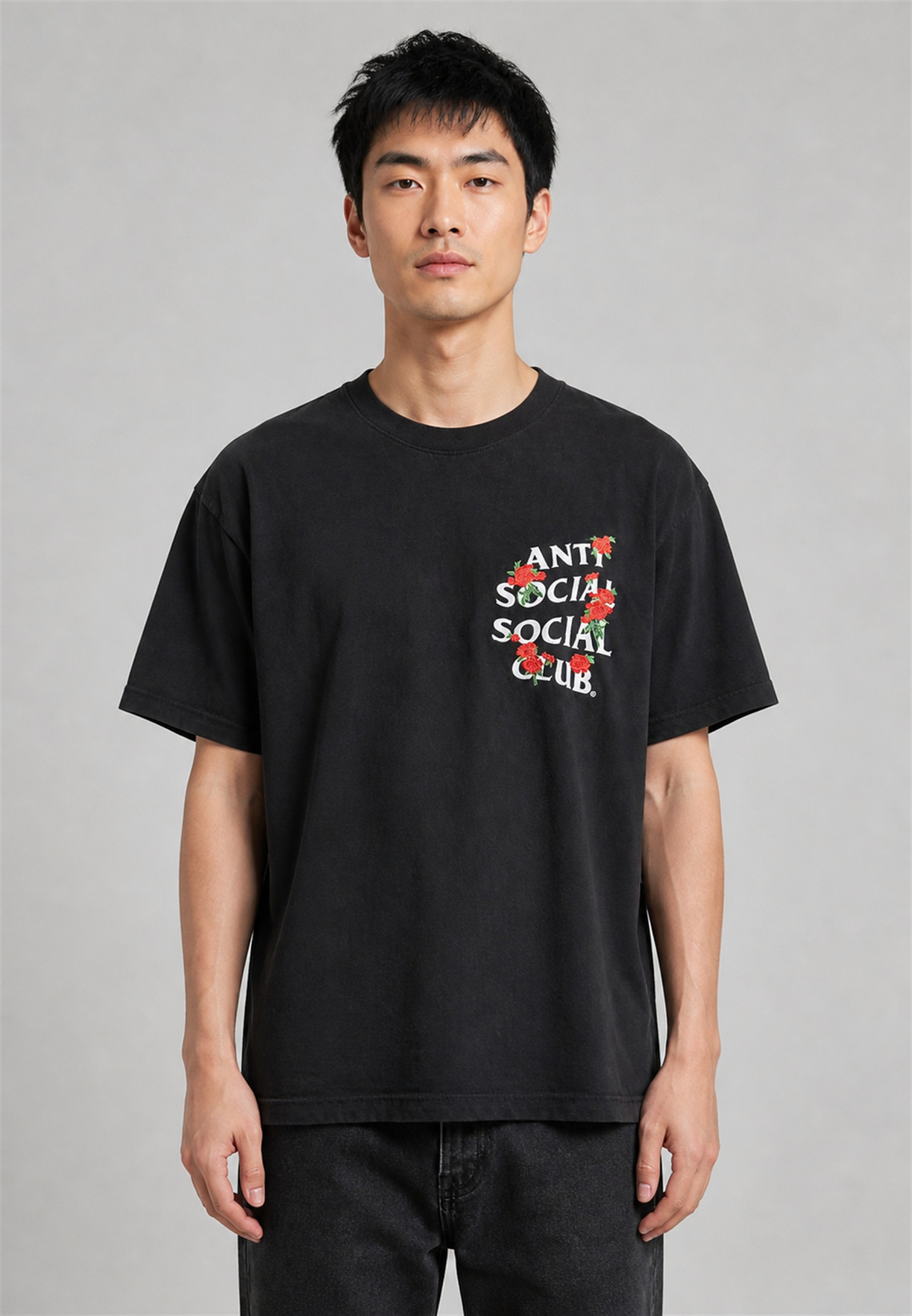 Anti Social Social Club Embroidered Rose Kkotch Tee Black - on-model front view