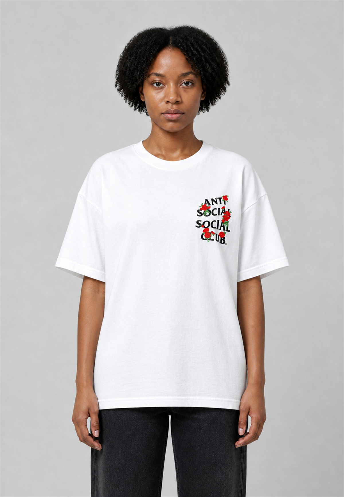 Anti Social Social Club Embroidered Rose Kkotch Tee White - on-model front view
