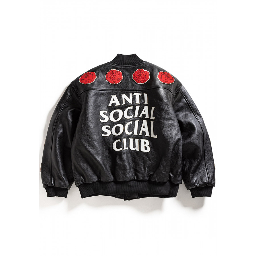 Anti Social Social Club  Petal To The Metal Leather Varsity Jacket Black