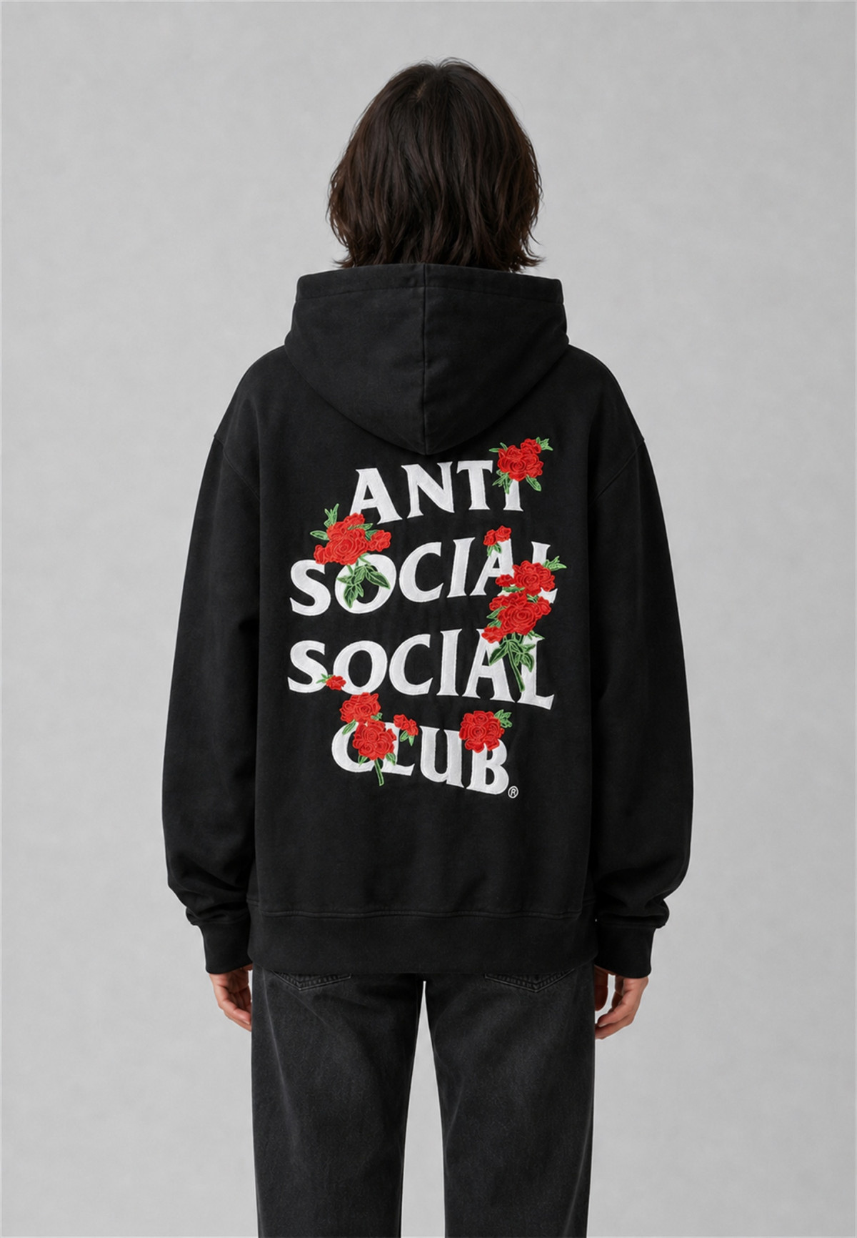 Anti Social Social Club Embroidered Rose Kkotch Hoodie Black - on-model back view