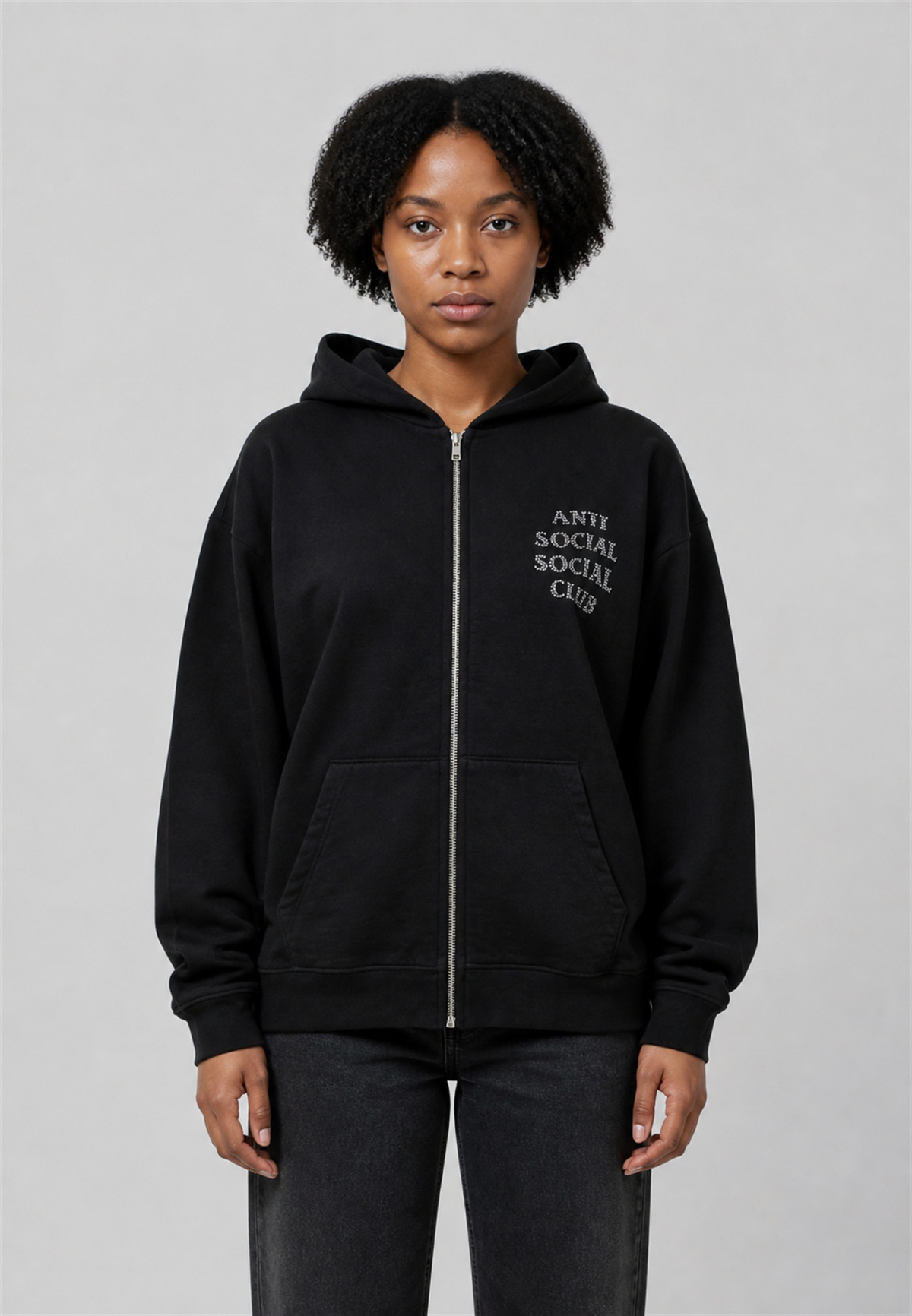 Anti Social Social Club Rhinestone Zip Up Hoodie Black - on-model front view