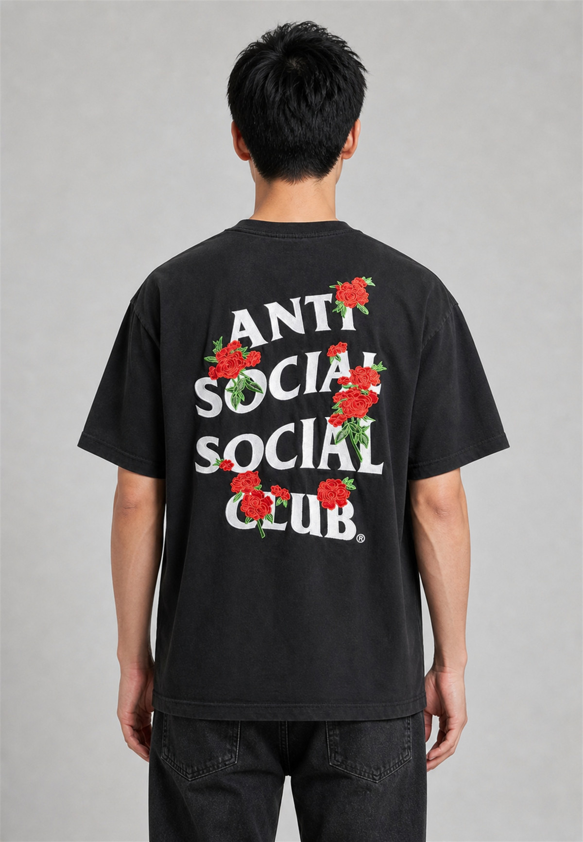 Anti Social Social Club Embroidered Rose Kkotch Tee Black - on-model back view